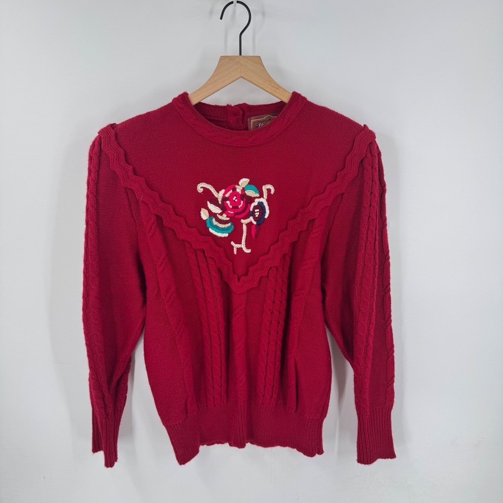 Vintage Worthington Red Cable‎ Knit Rose Embroidered Sweater Size L Grannycore